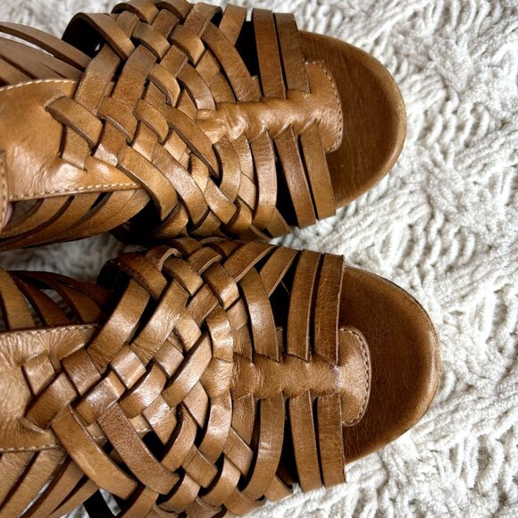 Tory Burch Nadia Huarache Sandals Women's 9 M Tan Leather Open Toe Heels‎ Logo - Picture 7 of 11